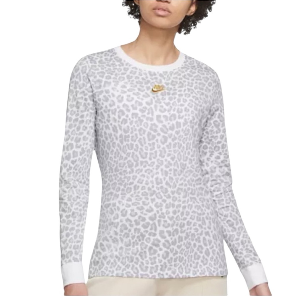 Nike Women's White and Gray Leopard Long Sleeve Tee